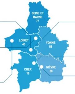 Carte Yonne, Loiret, Cher, Nièvre, Seine-et-Marne
