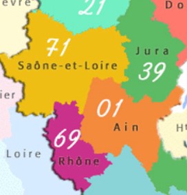 Carte Ain, Rhône, Saône-et-Loire